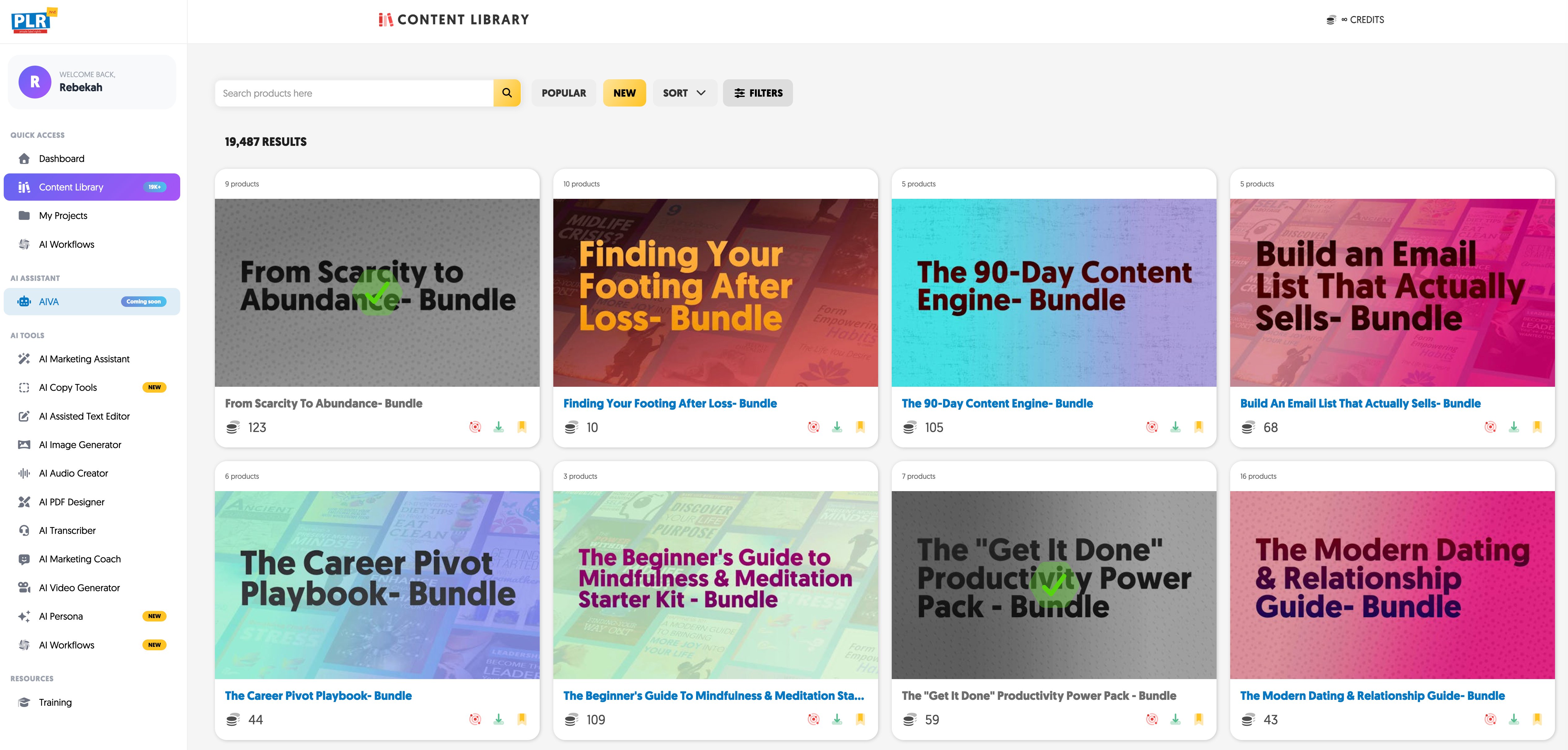 PLR.me Content Library showing 19,487 products