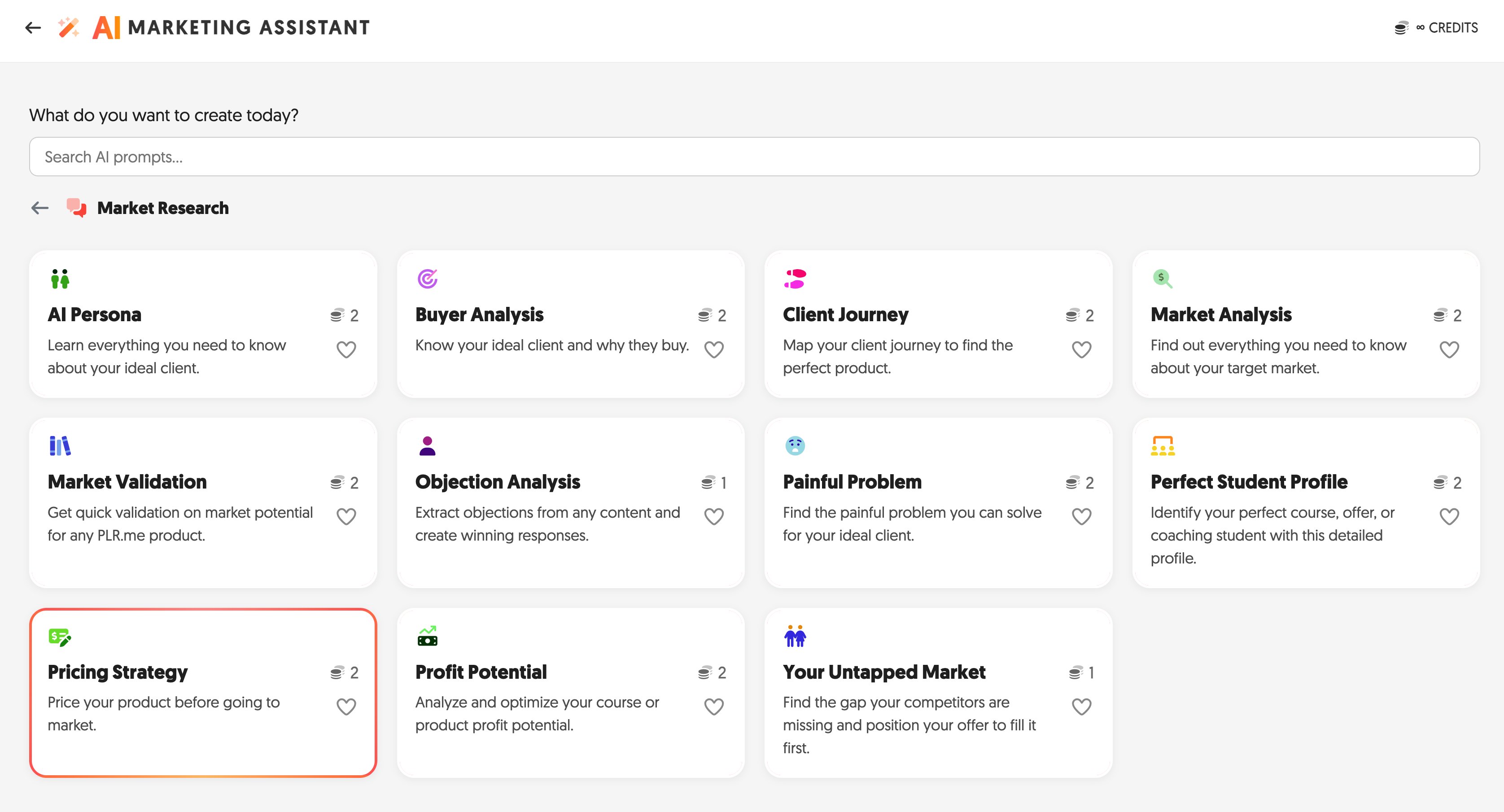 AI Marketing Assistant Market Research section showing Pricing Strategy template
