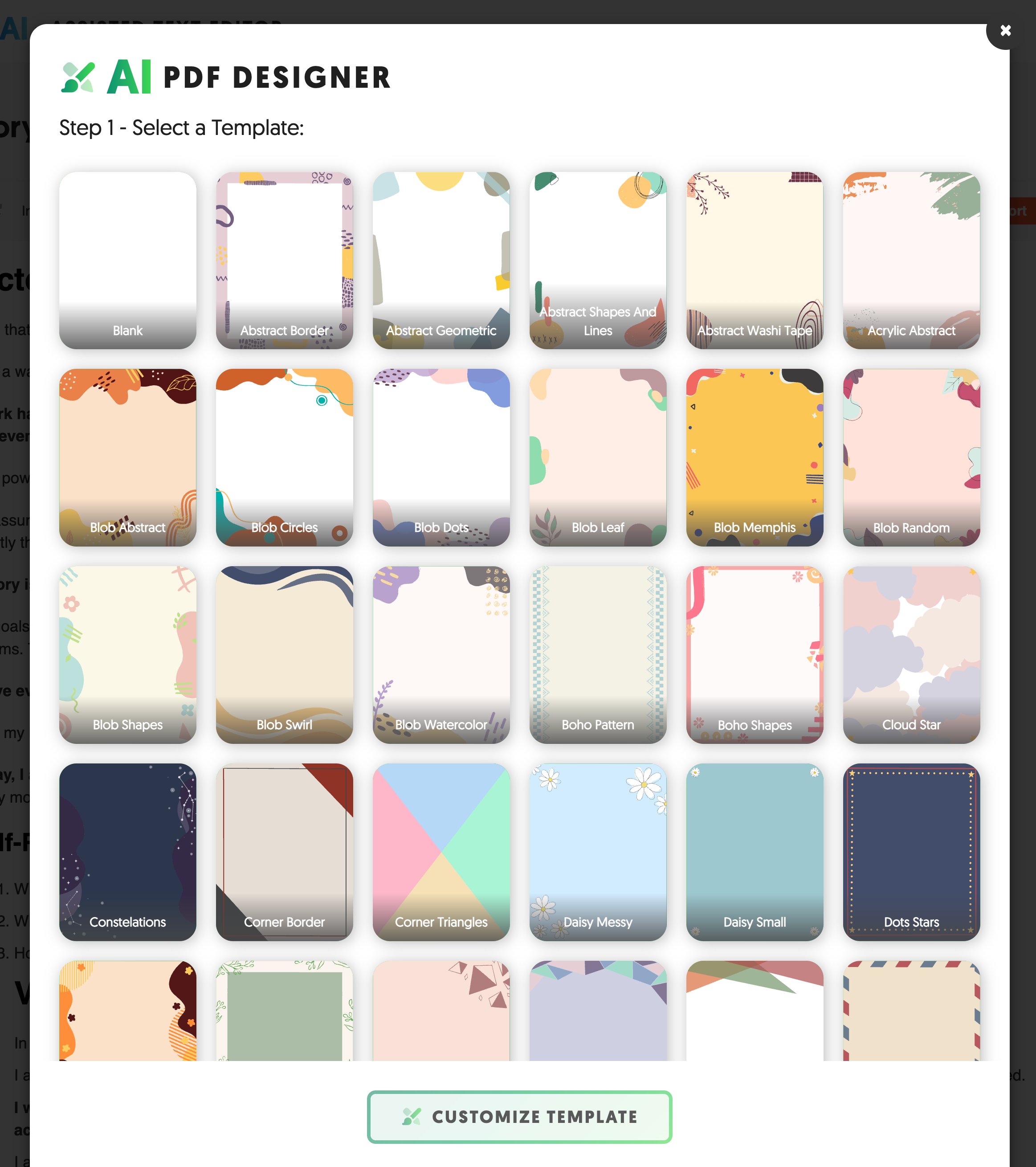 AI PDF Designer showing template gallery with dozens of design options